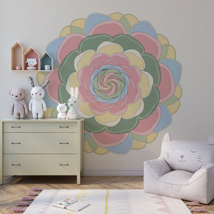 Behang kinderkamer | Kleurrijk mandala in zachte pasteltinten