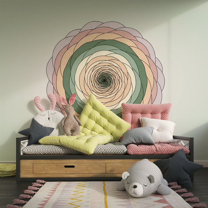 Papel de parede para quarto de bebé | Mandala colorida em tons suaves e calmantes