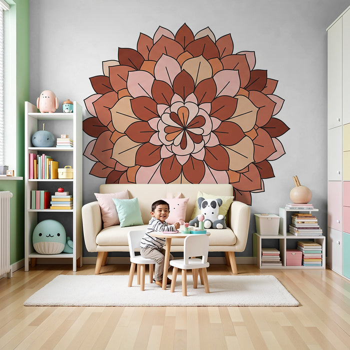 Babyværelses tapet | Blomstermandala i bløde og varme nuancer