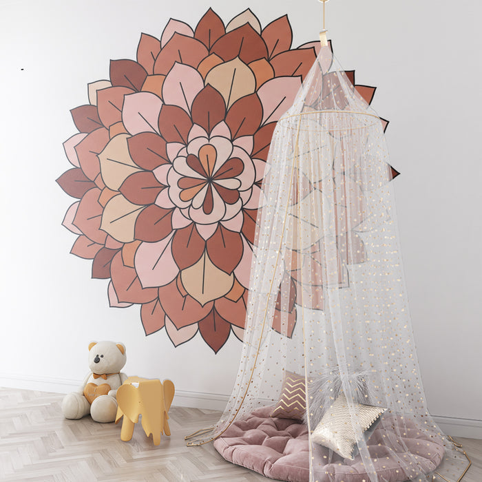 Babyværelses tapet | Blomstermandala i bløde og varme nuancer