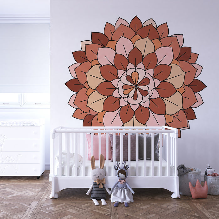 Babyværelses tapet | Blomstermandala i bløde og varme nuancer