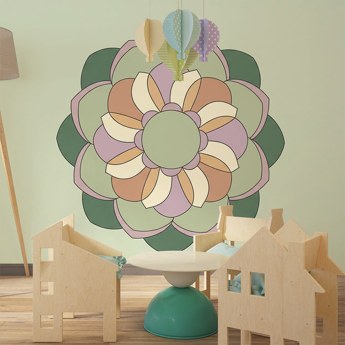 Papel de parede para quarto de bebé | Mandala floral suave em tons pastel