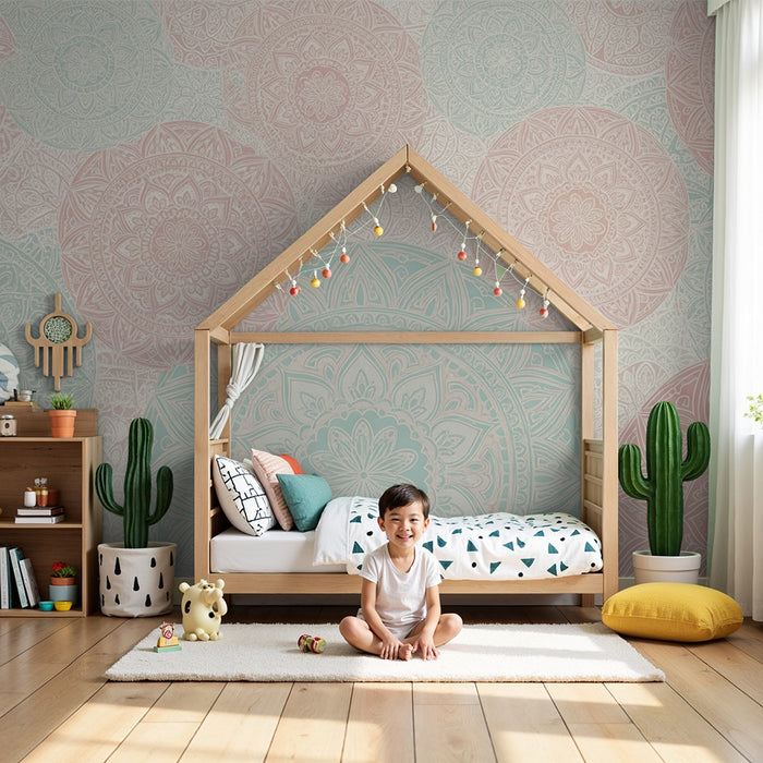 Lastenhuoneen tapetti | Herkät mandalat vaaleanpunaisina ja vaaleansinisina