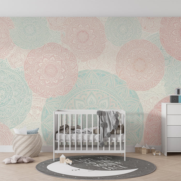 Lastenhuoneen tapetti | Herkät mandalat vaaleanpunaisina ja vaaleansinisina