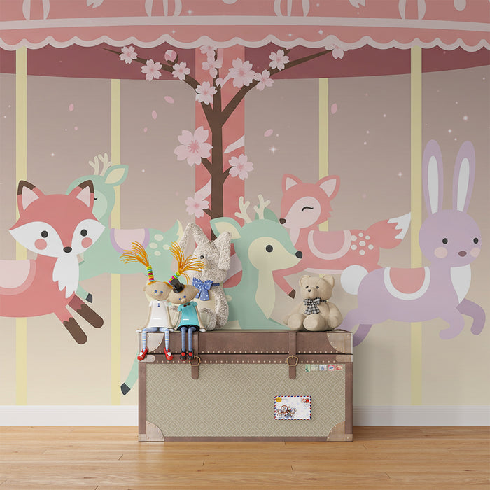 Papel pintado infantil | Carrusel encantado con animales lindos