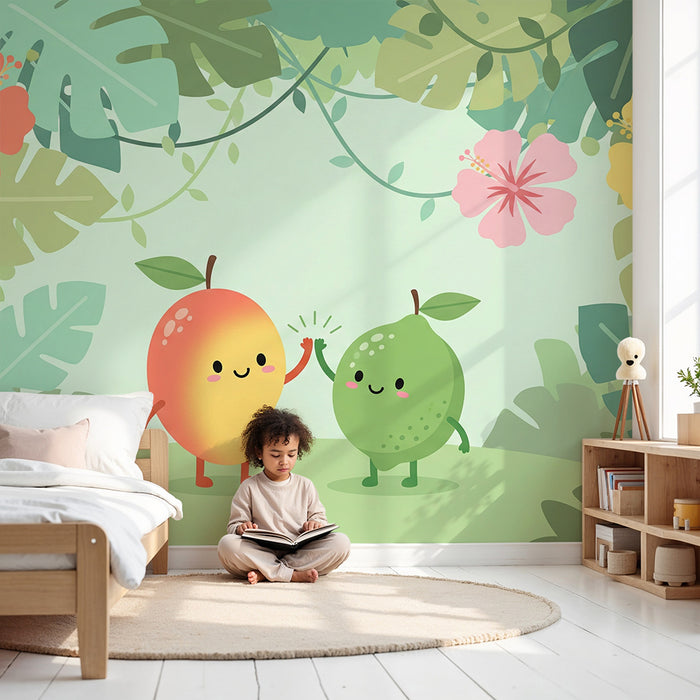 Papel de parede para quarto de bebé | Manga e lima numa selva colorida e alegre