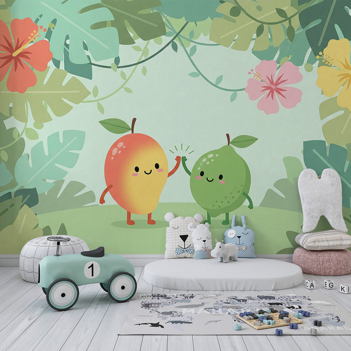 Papel de parede para quarto de bebé | Manga e lima numa selva colorida e alegre