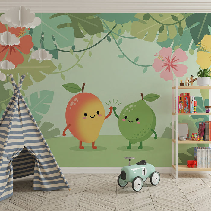 Papel de parede para quarto de bebé | Manga e lima numa selva colorida e alegre