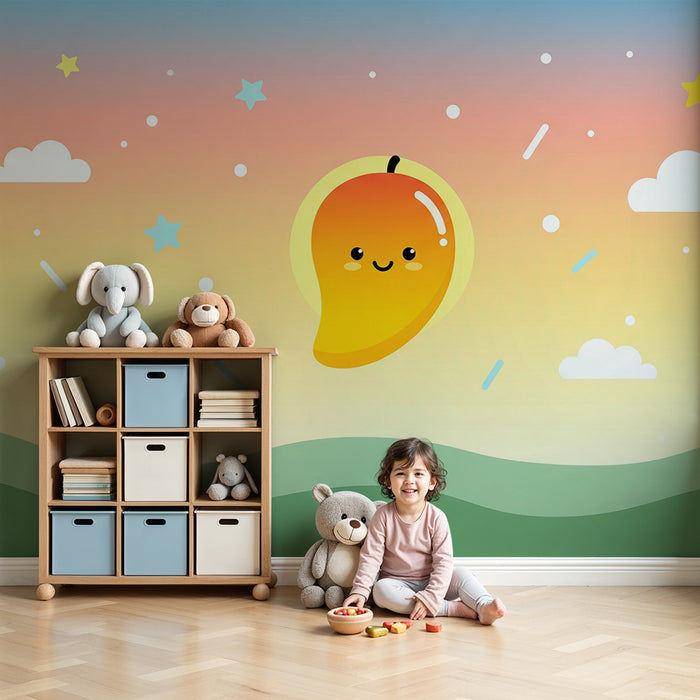 Børneværelse tapet | Smilende mango og pastelfarvet stjernehimmel