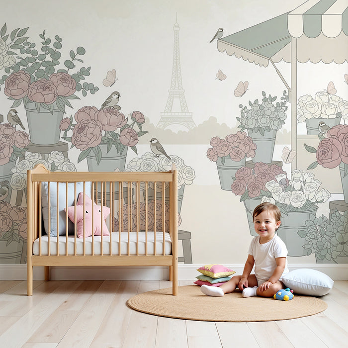Papel pintado para habitación de bebé | Mercado florido con pájaros y la Torre Eiffel al fondo