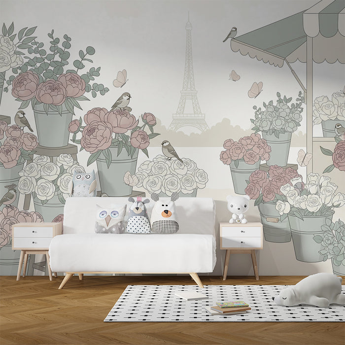 Papel pintado para habitación de bebé | Mercado florido con pájaros y la Torre Eiffel al fondo