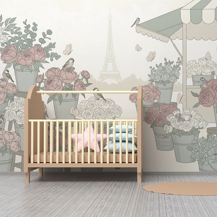Papel pintado para habitación de bebé | Mercado florido con pájaros y la Torre Eiffel al fondo