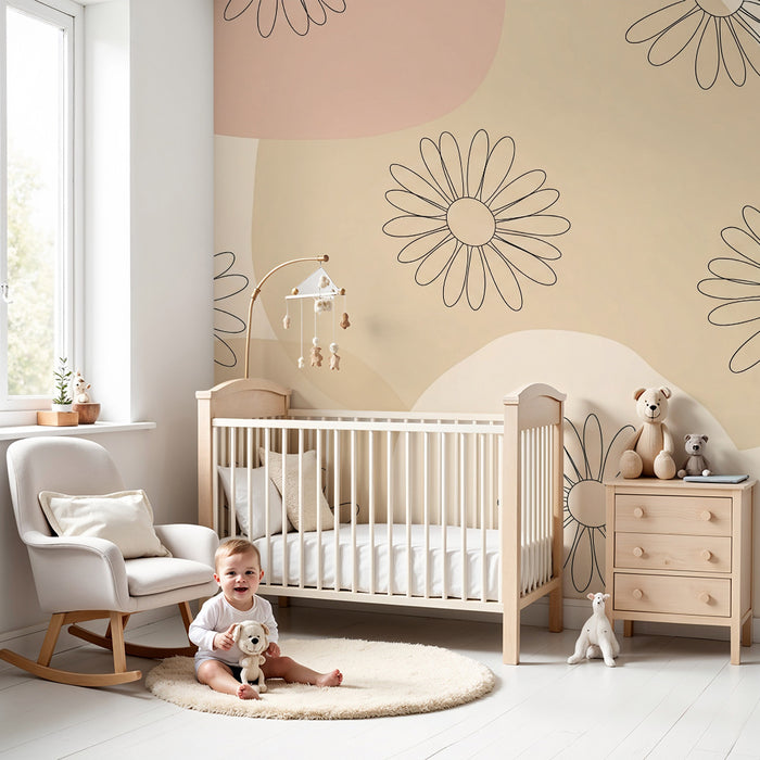 Babykamer behang | Madeliefje op drievoudige pastel achtergrond