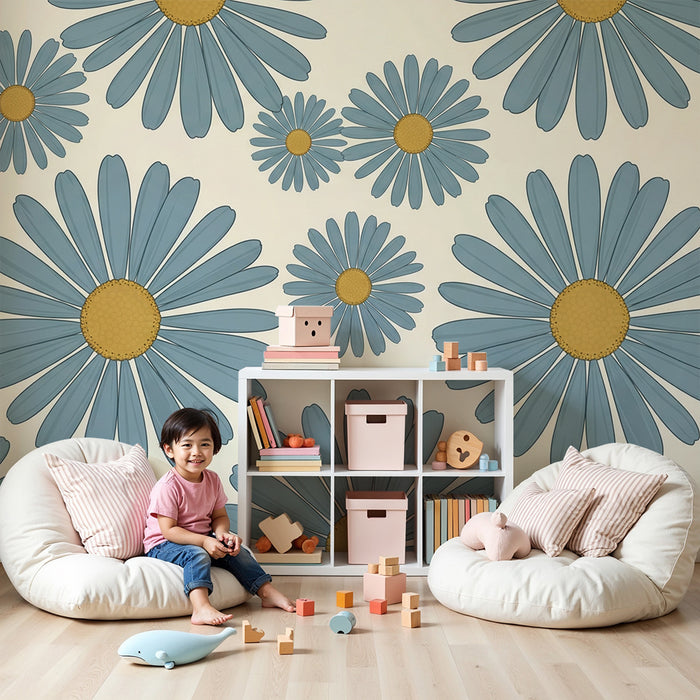 Papier peint chambre bébé | Marguerites bleues sur fond crème