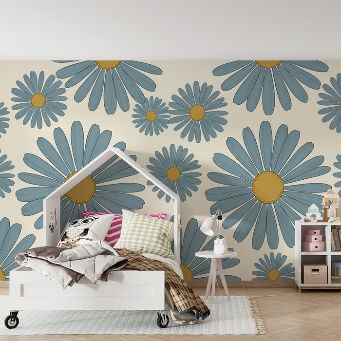 Papier peint chambre bébé | Marguerites bleues sur fond crème