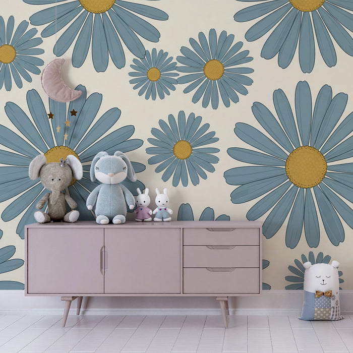 Papier peint chambre bébé | Marguerites bleues sur fond crème