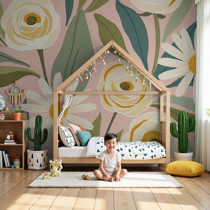Papel de parede quarto bebê | Margaridas e rosas em fundo rosa pastel
