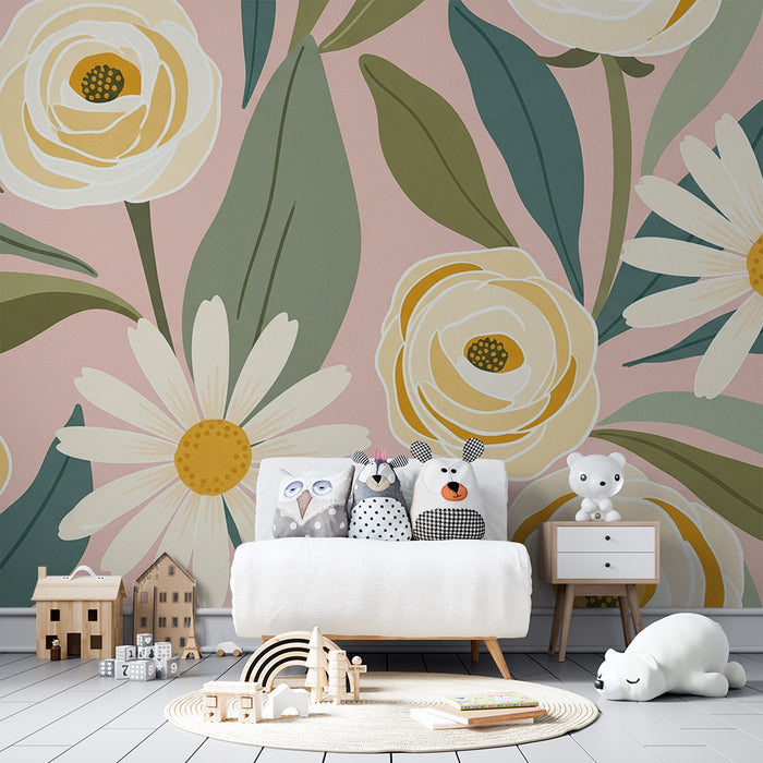 Papel de parede quarto bebê | Margaridas e rosas em fundo rosa pastel