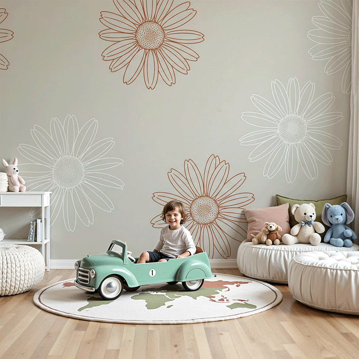 Babyzimmer Tapete | Margeriten Linien Kunst Weiß und Terrakotta