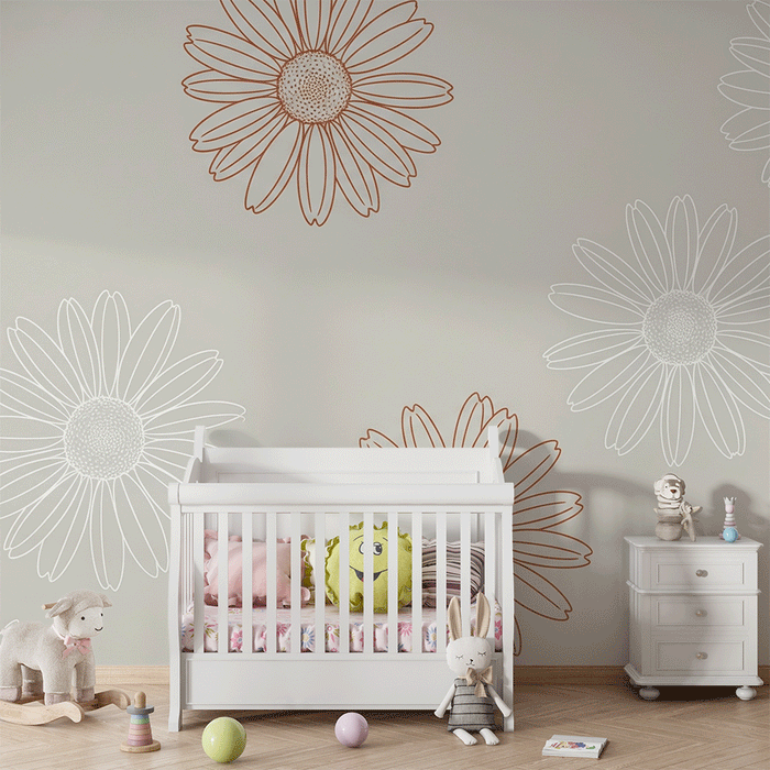 Babyzimmer Tapete | Margeriten Linien Kunst Weiß und Terrakotta