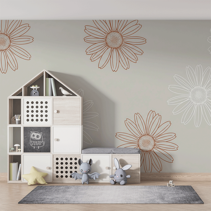 Babyzimmer Tapete | Margeriten Linien Kunst Weiß und Terrakotta