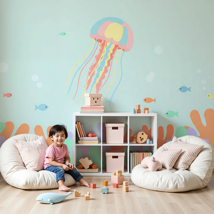 Lastenhuoneen tapetti | Värikäs meduusa ja kaloja rauhoittavalla meren pohjalla