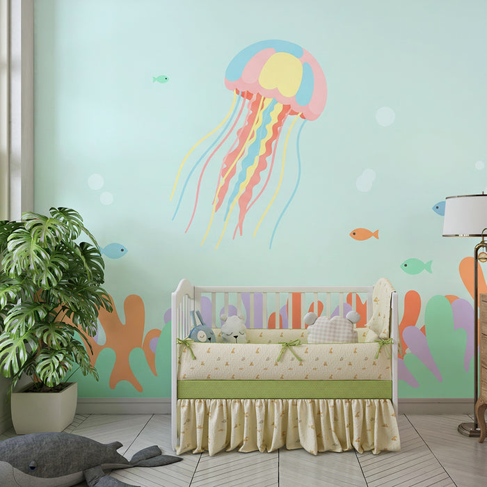 Lastenhuoneen tapetti | Värikäs meduusa ja kaloja rauhoittavalla meren pohjalla
