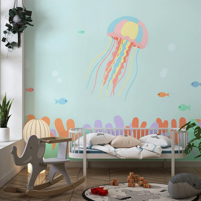 Lastenhuoneen tapetti | Värikäs meduusa ja kaloja rauhoittavalla meren pohjalla
