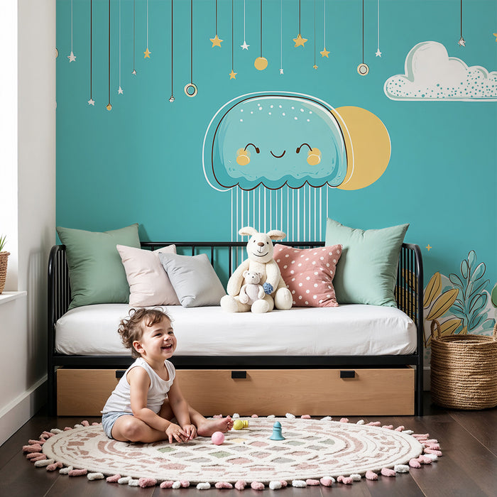 Papier peint chambre bébé | Méduse joyeuse sous un ciel étoilé
