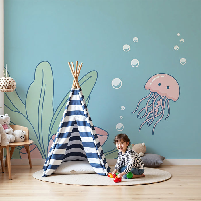 Papel de parede quarto bebê | Medusa rosa e plantas marinhas num oceano tranquilo