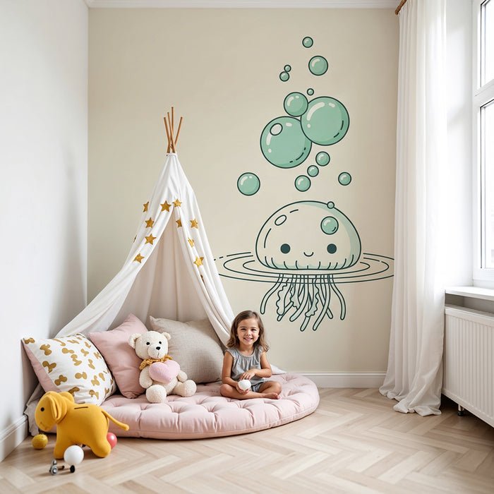 Lastenhuoneen tapetti | Hymyilevä meduusa ja veden kuplat rauhoittavassa ympäristössä