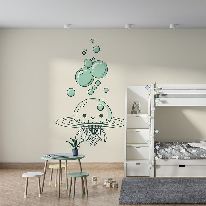 Lastenhuoneen tapetti | Hymyilevä meduusa ja veden kuplat rauhoittavassa ympäristössä