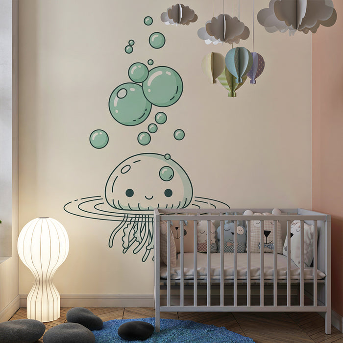 Lastenhuoneen tapetti | Hymyilevä meduusa ja veden kuplat rauhoittavassa ympäristössä