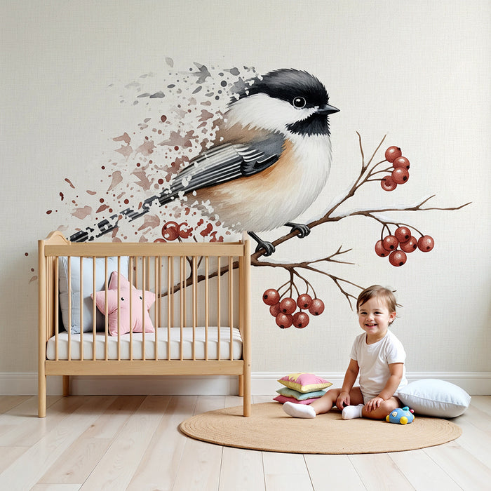 Papier peint chambre bébé | Mésange délicate sur une branche avec baies rouges