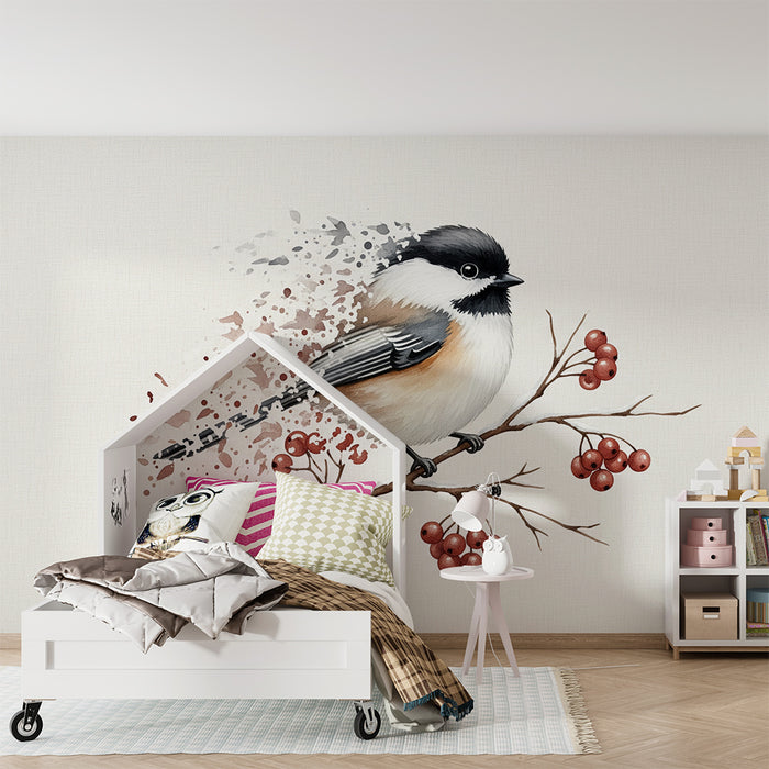 Papier peint chambre bébé | Mésange délicate sur une branche avec baies rouges
