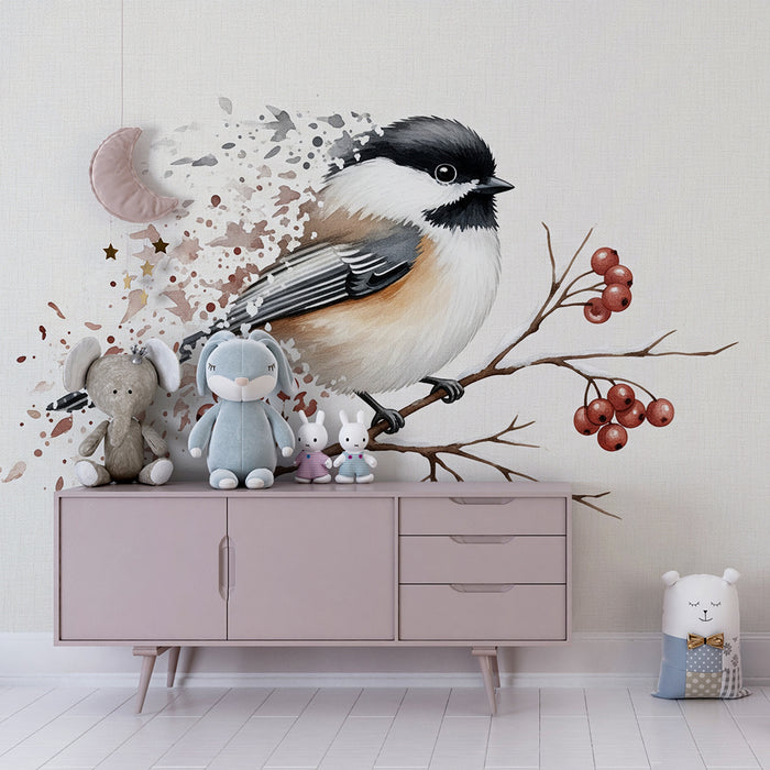 Papier peint chambre bébé | Mésange délicate sur une branche avec baies rouges