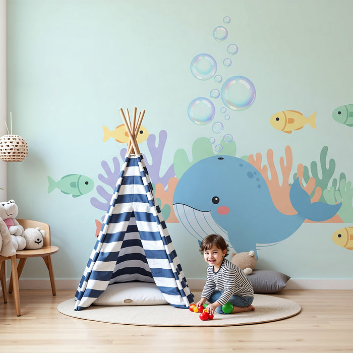 Lastenhuoneen tapetti | Söpö valas ja värikkäät kalat merenalaisessa ympäristössä