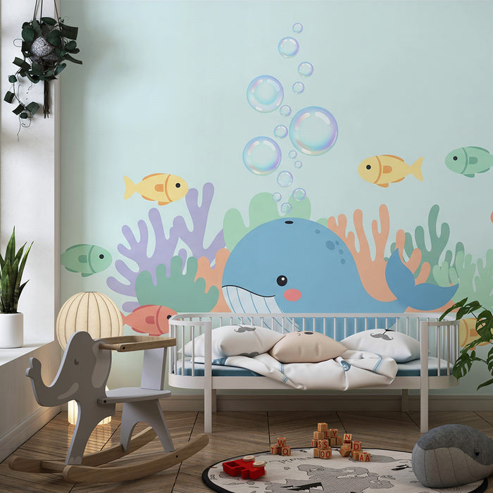 Lastenhuoneen tapetti | Söpö valas ja värikkäät kalat merenalaisessa ympäristössä