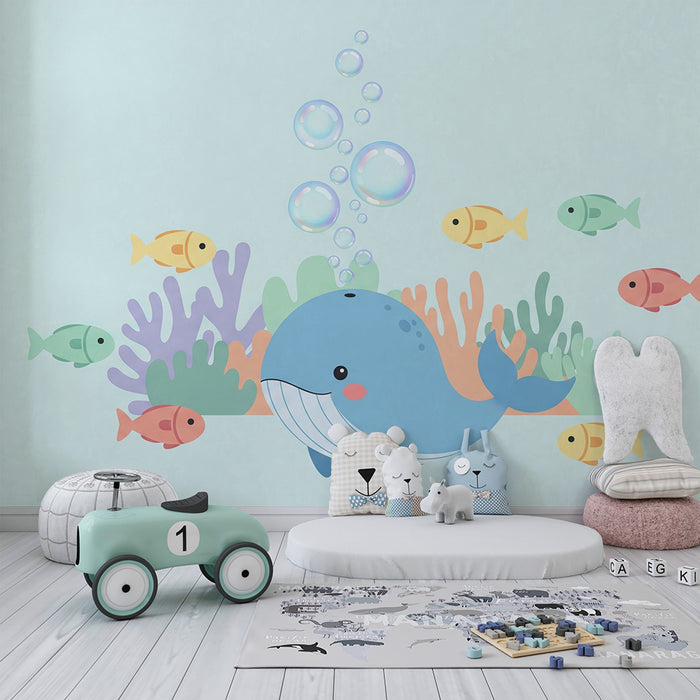 Lastenhuoneen tapetti | Söpö valas ja värikkäät kalat merenalaisessa ympäristössä