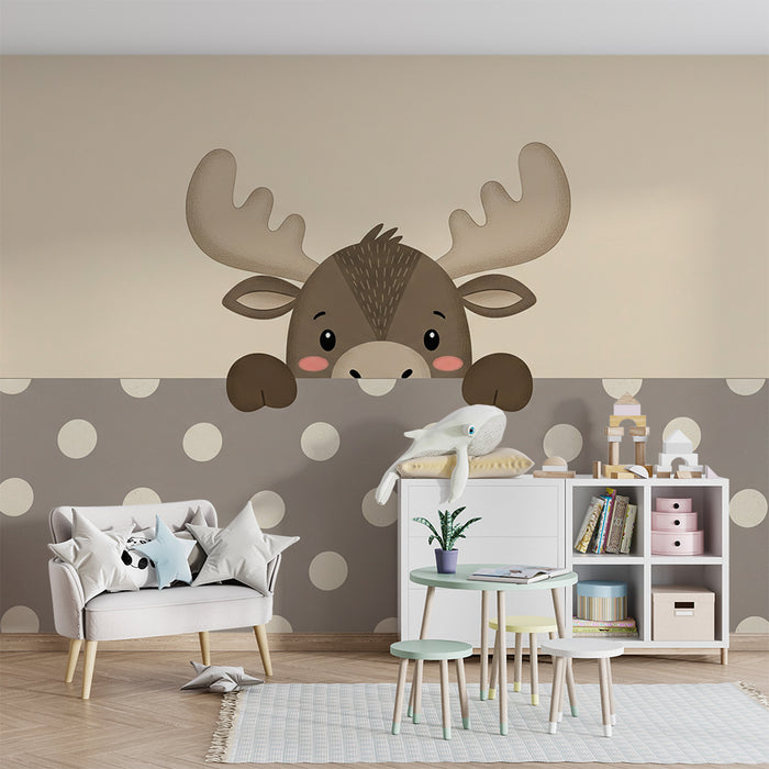 Nursery room wallpaper | Cute curious moose with polka dot patterns