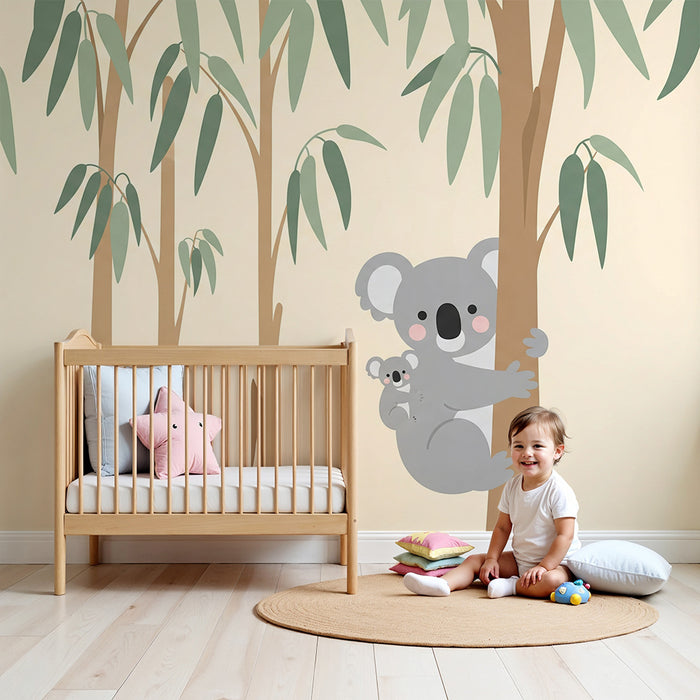 Papier peint chambre bébé | Mignon koala et son petit dans un décor de feuillage
