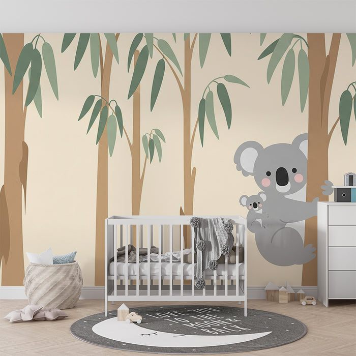 Papier peint chambre bébé | Mignon koala et son petit dans un décor de feuillage