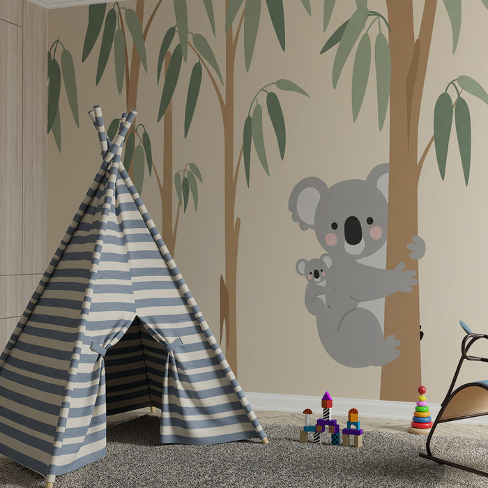 Papier peint chambre bébé | Mignon koala et son petit dans un décor de feuillage