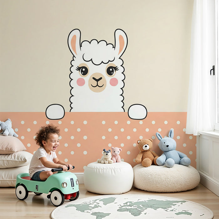 Papier peint chambre bébé | Mignon lama avec fond à pois corail