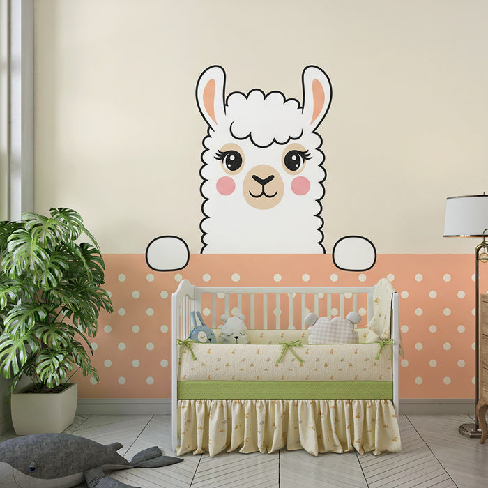 Papier peint chambre bébé | Mignon lama avec fond à pois corail