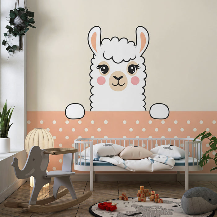 Papier peint chambre bébé | Mignon lama avec fond à pois corail