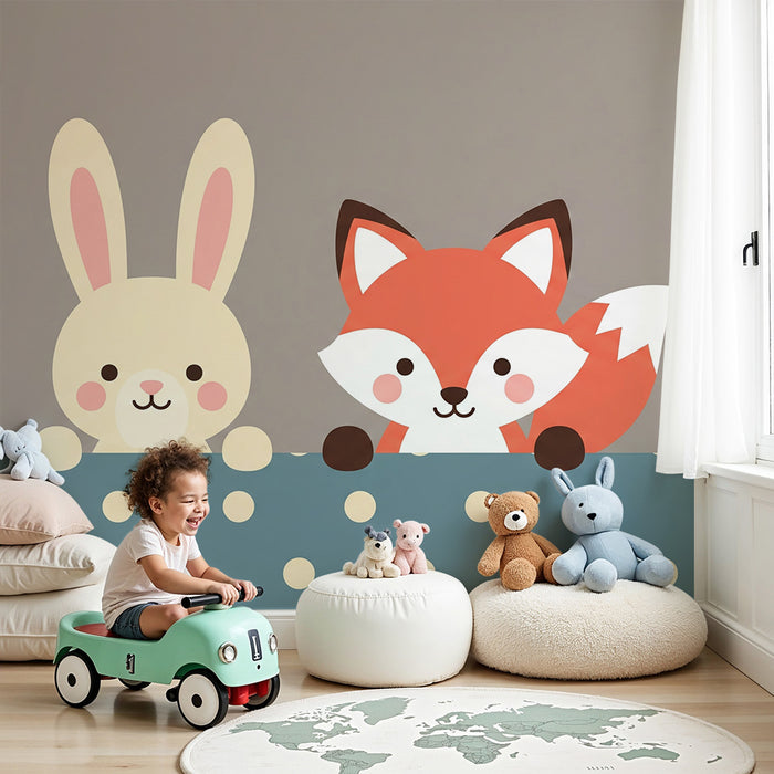 Papier peint chambre bébé | Mignon lapin et renard sur fond pastel