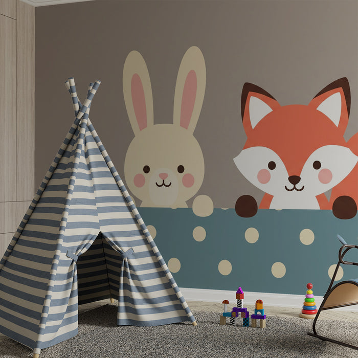 Papier peint chambre bébé | Mignon lapin et renard sur fond pastel