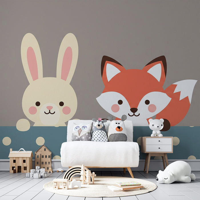 Papier peint chambre bébé | Mignon lapin et renard sur fond pastel