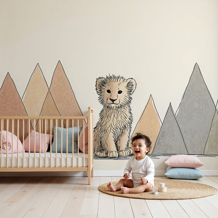 Babyzimmer Tapete | Niedliches Löwenbaby und pastellfarbene Berge